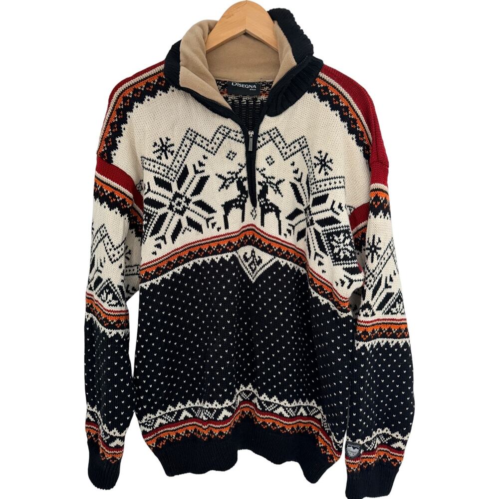 Disegna Italia Nordic Quarter Zip Sweater Mens Large Black Fair Isle Knit